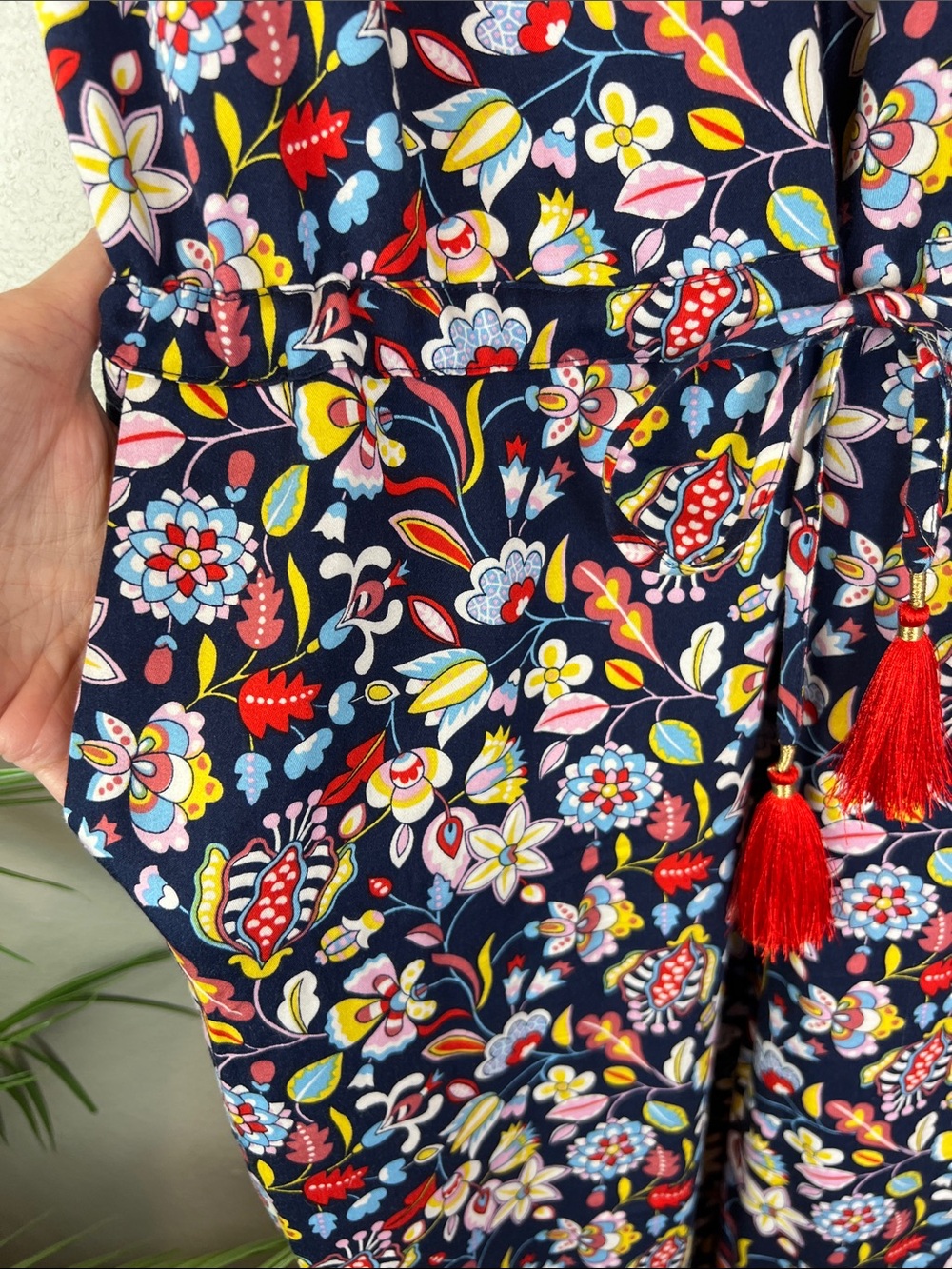Boden Cecelia Navy Blue Floral Jumper Romper with Red Tassels 6 - Picture 10 of 15